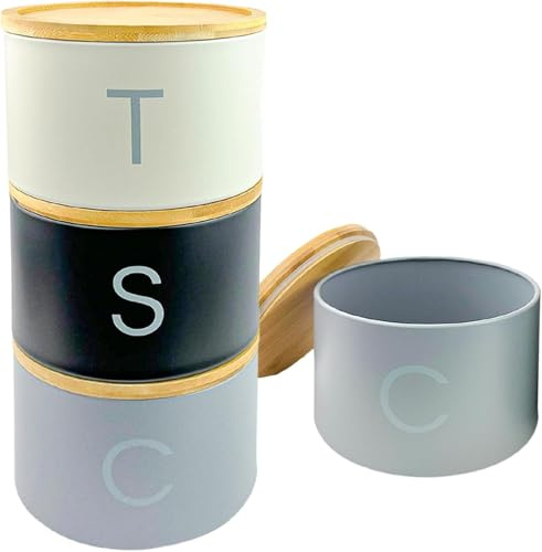 New 3 Pieces Metal Tea Coffee & Sugar Stackable Canisters with Airtight Wooden Lid Storage Container Bowl Pots Kitchen Storage Tins (Black, White & Grey)