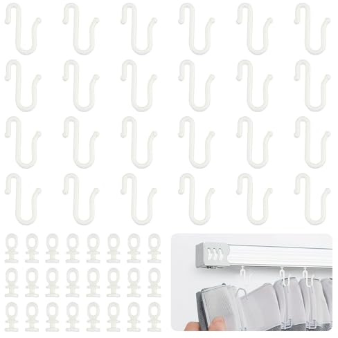 24 Pairs Flexible Curtain Tracks Set - Shower Curtain Hooks for Glider Rail Track - Double Sided - Quiet Plastic Roller Hanging Rail for Bathroom