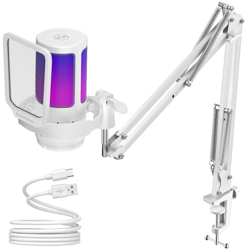 InnoGear Gaming USB Microphone, Noise Cancellation Condenser Mic with Mute, Gain, RGB Indicator, Boom Arm Stand for Streaming, Podcast, Twitch, YouTube, Discord, PC, Computer, PS4, PS5, Mac, White