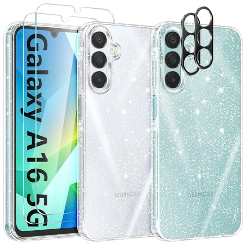 YIRSUR Coque pour Samsung Galaxy A16 4G / 5G Paillettes, avec 2 Verre Trempé et 2 Caméra Arrière Protecteur, Transparent Paillettes TPU Silicone, Anti-Rayures, Brillant Étui de Protection