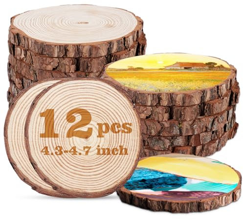 ilauke Holzscheiben 12 Stücke (11-12cm) naturbelassen & vorgeschliffen – Rustikale Baumscheiben ohne Loch für Bastelprojekte, DIY-Hochzeitsdeko, Tischdeko und Geschenkideen