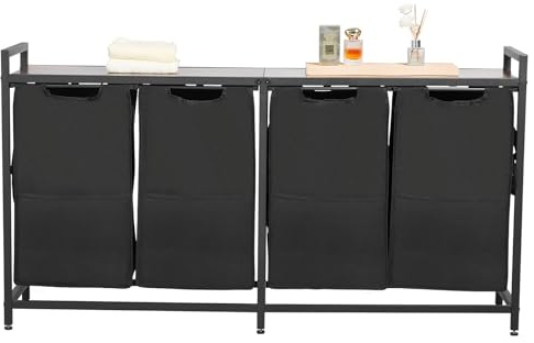 VEVOR Panier à Linge 4 Compartiments, Trieur de Linge avec Sacs Coulissants en Tissu Oxford 600D, Cadre en Métal et Plateau en Bois, pour Vêtements Sales, Buanderie Blanchisserie Chambre Salle de Bain