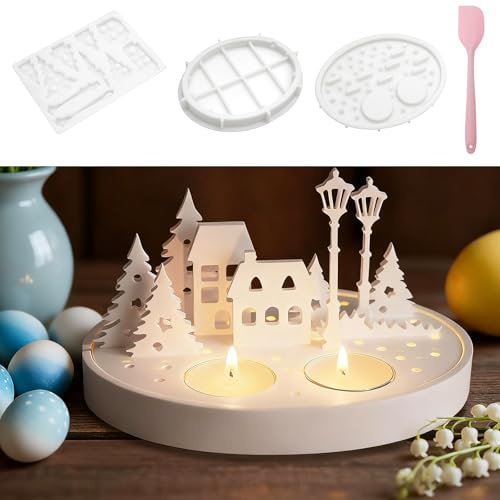 Moldes de silicona para casas navideñas, Set de portavelas con farola, casas, árboles y espátula, molde de casa en silicona para yeso, resina, cera, cemento, decoración navideña DIY