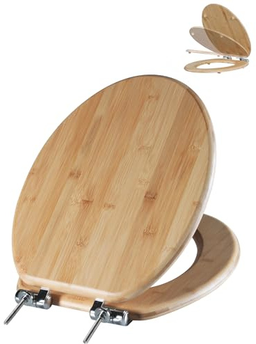 Angol Shiold ELONGATED Bamboo Wood Toilet Seat Soft Close Zinc Alloy Strong Hinges, Light, Easy to Install & Clean, Up to 400 lbs (Elongated 18.5, Natural Bamboo)