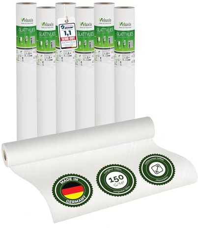Veluxis® Vlies mural Premium – toile lisse recouvrable, anti-fissures et stable, idéale comme sous-couche avant peinture (lot de 6 rouleaux blancs, 25,00 m x 1,00 m – 150 g/m²)
