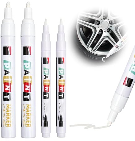 Lot de 4 Marqueurs de Pneus Blancs Imperméables avec Pointe Large 3 Mm et Pointe Fine 1 Mm, Stylos de Peinture Polyvalents pour Pneus de Voiture et Moto Bois Verre Céramique Pierre Métal Plastique Tex