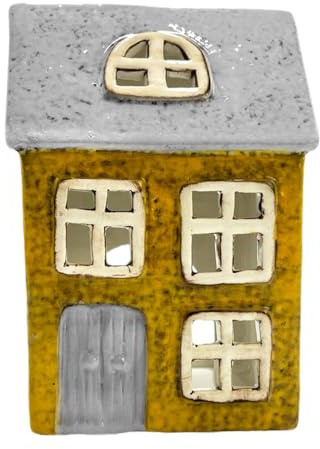 Cello Willow Cottage Tealight - Grey & Yellow Ceramic House Candle Holder Aroma Lamp use with Scent Cups Ornament Aromatherapy Gift for Home Lovers