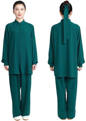 CHUIKUAJ Uniforme de Tai-chi en Soie et Lin pour Femme, Tenue Traditionnelle D'arts Martiaux à Manches Longues pour la Pratique du Kung-fu Matinal (Darkgreen, M)
