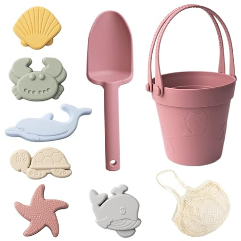 Suxdlan Sandspielzeug für Kinder, 8-teilig, sicheres Silikon-Strandspielzeug mit Schaufel, Eimer und Sandformen, wasserdichte Box für Reisen, Sommer, Outdoor, Ziegelrot