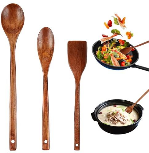 3 Piezas Long Manche Cucharas de Maderas, 26/28/32 cm Natural Cucharas de Sopa de Madera, Cuchara Antiadherente Cuchara para Remover, Utensilios de Cocina Madera para Mezclar y Cocinar en Cocina