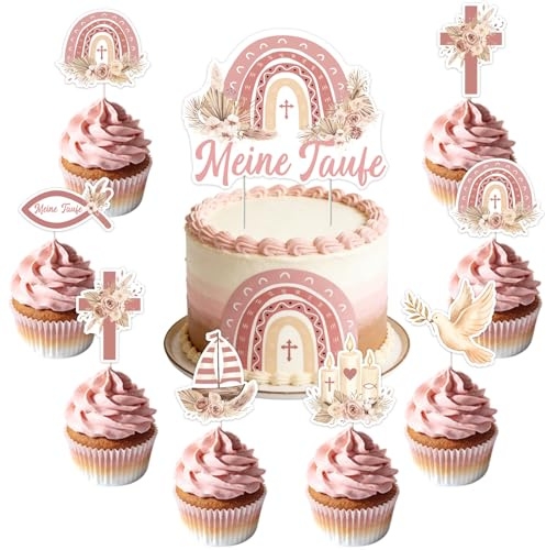 Jollyboom Taufe Deko Set - 24 Stück Rosa Meine Taufe Tortendeko & Cupcake-Deko Regenbogen Boho mit Kreuz Taube Bibel Eukalyptus Motiv für Mädchen Erstkommunion Konfirmation