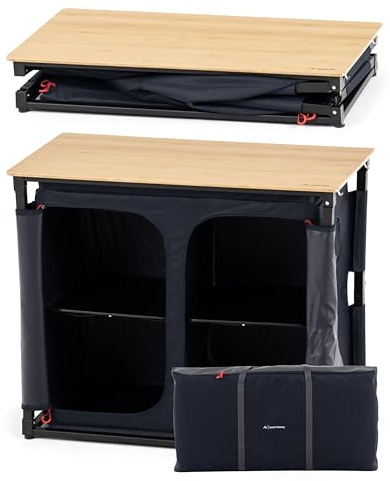 qeedo Quick Sammy Double Campingschrank mit Schnellaufbau, große Campingküche mit Bambusplatte, Arbeitsfläche und Stauraum, 98 x 50 x 82 cm