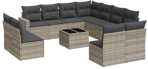 Mhdvray 12-TLG. Poly Rattan Gartensofa Garnitur Hellgrau 99,8 kg 62 x 62 x 69 cm Ecksofa mit Stauraum, loungesofa Outdoor für Garten Balkon Terrasse