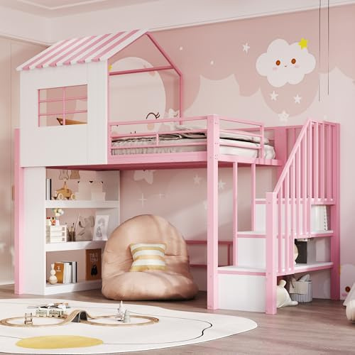 Xwiny Etagenbett 90x200 cm mit Mehrstöckiges Stauraumregal, Kinderbett mit Hausförmiges Design Dachüberstand, Stauraumbett mit Treppe Stauraum(montierbar Links/rechts), Rosa(Ohne Matratze)