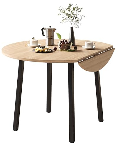 Merax Mesa de comedor redonda 100 x 100 cm, mesa de cocina plegable para 2-4 personas, patas de metal, para apartamentos pequeños, color roble + negro