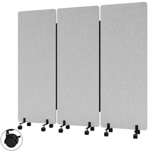 3 Paneele Mobile Trennwand Akustik, 184 x 167 cm Trennwand Raumteiler | Raumteiler Trennwand mit Rollen und PET-Vlies, Stellwand trennwände für Bürotrennwand,Schule, Studio und Praxis, Hellgrau