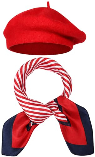 Bruislard 2 Pcs French Beret Hat Set Red Classic Beret Hats | Costume Accessories Set, Paris Outfits for Women, Beret Hats for Women, for French Themed Party