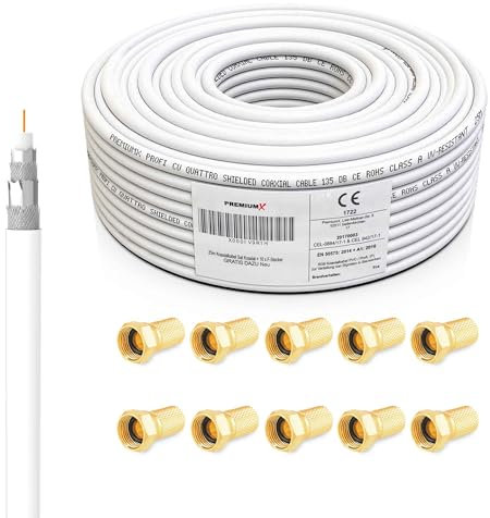 Premium X 25m PROFI Koaxialkabel KUPFER 135dB 4-fach SAT Antennenkabel Koax-Kabel DVB-S / S2 DVB-C DVB-T BK Anlagen Satellitenkabel 10x F-Stecker