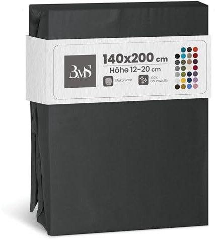 Bettwaesche-mit-Stil Mako Satin Spannbettlaken Spannlaken Spannbetttuch (140 cm x 200 cm, Matratzenhöhe 12-20 cm, Anthrazit)