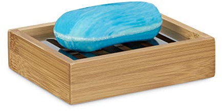 Relaxdays Seifenablage Bambus eckig, Abtropfgitter aus Edelstahl, hygenisch, HxBxT: 3 x 12,5 x 10 cm, natur