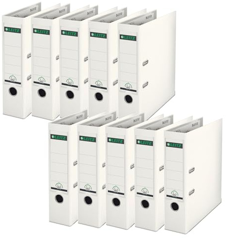 Leitz Qualitäts-Ordner 180° Plastik, 10er Pack, das Original, DIN A4 Aktenordner 8 cm breit, 90% Recycling-Karton, 30% Pre-Consumer Recycling-Kunststoff, Mit 180° Mechanik, 600 Blatt, Weiß, 10101001