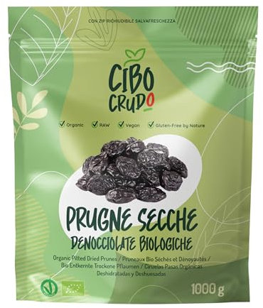 Prugne Secche Denocciolate Senza Zucchero e Biologiche - 1 Kg. Prugna Naturale non Trattata e Senza Conservanti da Consumare come Snack o per Gelati e Dolci.