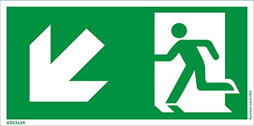 Hochwertiges Notausgangsschild stark langnachleuchtend + Kunststoffplatte selbstklebend nachleuchtend SUPER-N - Pfeil Links ABWÄRTS - Notausgang Schild grün – DIN 67510 / ISO 7010 (300 x 150 mm)