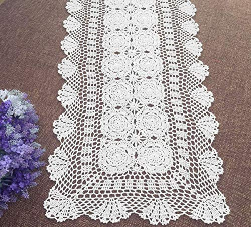 Damanni Runner rettangolare in cotone fatto a mano all'uncinetto, centrini per comò e sciarpe per camera da letto, 40,6 x 78,6 cm, bianco