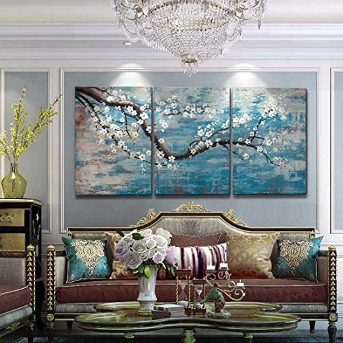 amatop Extra große Wandkunst für das Wohnzimmer, 100% handbemalt, dekoratives Ölgemälde-Set, dekorativ, modern, blauer Baum, fertig zum Aufhängen, 183 x 91 cm