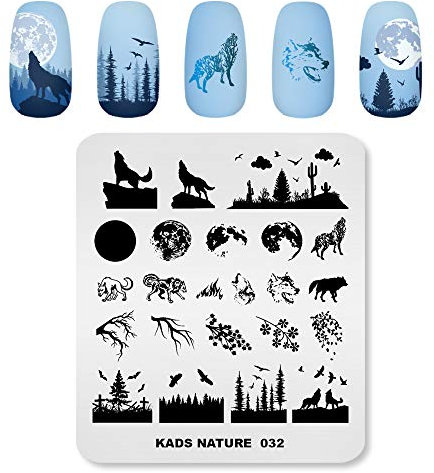 Alexnailart Plantilla de impresión de arte de uñas, diseño de lobo de bosque natural, diseño de lobo de luna, águila, para manicura y diseño de uñas, herramientas de transferencia de esmalte de uñas
