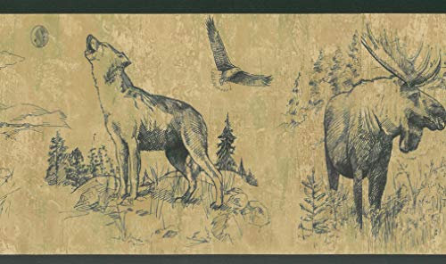 Dundee Deco BD6092 Frise de Papier Peint, Frise Murale, Bordure de papier peint précollé Vert animal, marron et loup, faucon, décoration murale rétro 4,57 m x 17,78 cm