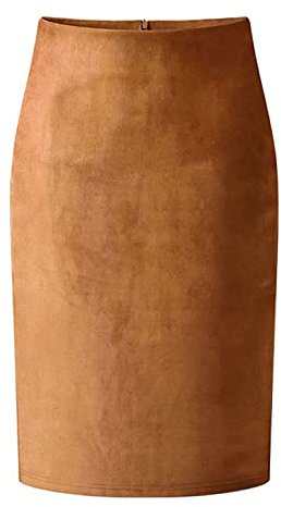 CHARTOU Womens Lightweight Elastic-Waist Faux Suede Leather Side Split Hip Packaged Skirt, Brown, Large