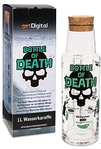 getDigital Bottle of Death Wasserkaraffe für Nerds & Geeks inkl. 12 Science Facts - Glasflasche mit Korken und Milliliter Skala - 1L