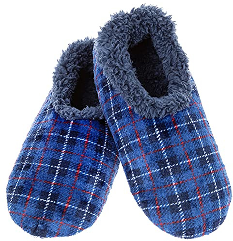Snoozies! Velour fleecefodrade herrtofflor – supermjuka med halkfri sula – storlekar från 6–11, BLÅ, Medium