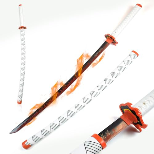 Demon Slayer - Rengoku Kyoujurou Schwert – Kyojuro Rengoku Katana, Carbon Stahl Nichirin Schwert mit Scheide, Samurai Schwerter echt, für Rengoku Kostüm