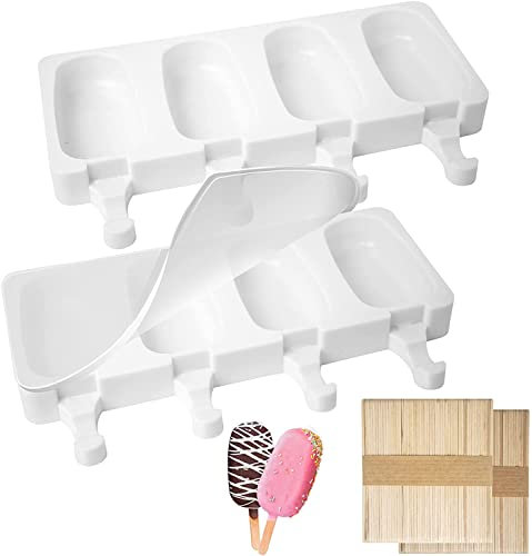 Moldes de Helados de Silicona, Ventdest 8 Cavity Juego de Moldes para Polos, sin BPA, Moldes Paletas para Niños Adultos, Postre, Chocolate, Bricolaje, con 200 unids Palos de Madera (Grande)