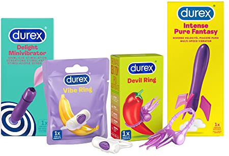 Durex Kit Vibratori Play Little Devil, Play Intense Vibration, Pure fantasy, Pleasure ring, 3 Anelli stimolanti, 1 Vibratore