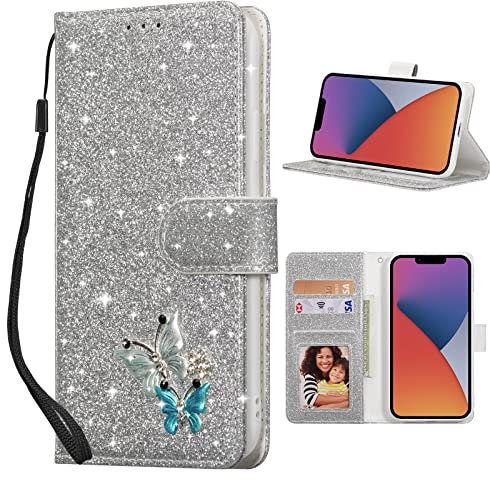 UEEBAI Wallet Case for iPhone 14 6.1 inch, Premium Sparkly Glitter PU Leather Phone Case Card Slots Kickstand Case Magnetic Closure Bling Case Shiny Flip Cover with Wrist Strap - Silver