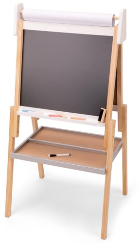 Woet® Caballete de Juguete Blanco y Gris de Madera para Niños - Pizarra Doble Todo en Uno - Dibujo y Juego Creativo - A Partir de 3 Años