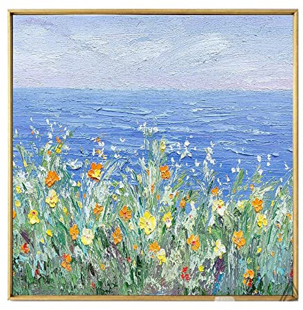 Handgemalte Acrylbilder, Farbe Blumen Büsche Blauer Himmel Meer Landschaft Modernes Abstraktes Kunstwerk Rahmenlose Handölgemälde Auf Leinwand Wandkunst Für Wohnzimmer Schlafzimmer Büro Wohnku