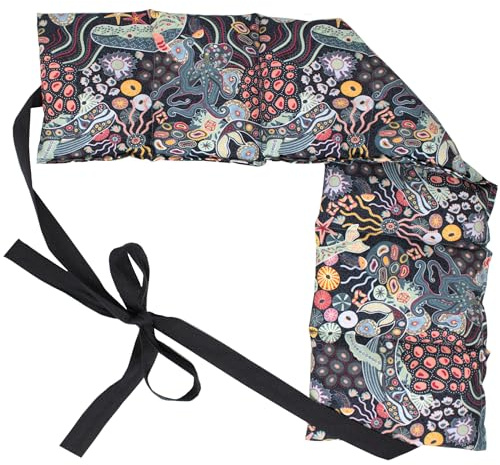 Faja térmica lumbar con semillas compartimentada en siete y con cintas - Cojín térmico utilizable caliente y frío con huesos de cerezas ((algodón orgánico Océano - 65x15 cm)