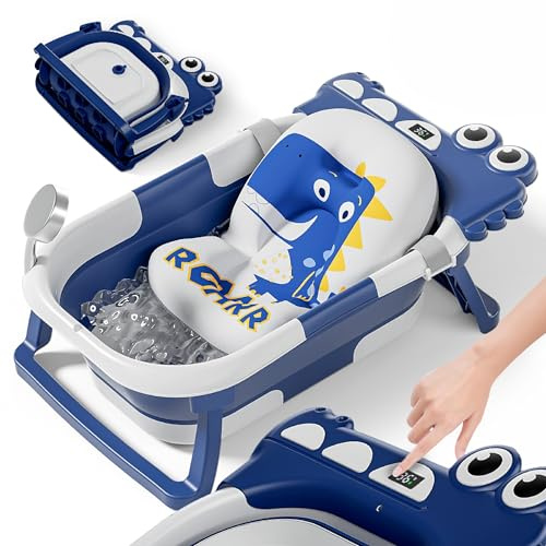 Bañera Plegable Bebé Con Cojín De Baño Antideslizante - Bañera Bebe Plegable Con Termómetro - Asiento bañera Bebe - Desde El Nacimiento Hasta Los 3 Años - Regalos De Nacimiento (AZUL, DINO)