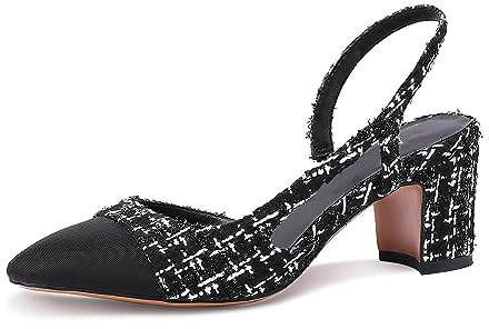 MIRAAZZURRA Zapatos de oficina con punta redonda cerrada Tacón bloque de dos colores casuales de tacón grueso para mujer, Tweed negro, 37 EU