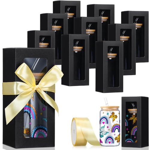 Honoson 24 Pcs Tumbler Gift Box with Ribbon for Sublimation Glass Exhibition Boxes Transparent for 12oz 16oz 20oz Drinking Cup Glasses Jars Mug Can Blanks (7.87 x 3.35 x 3.35,Black)