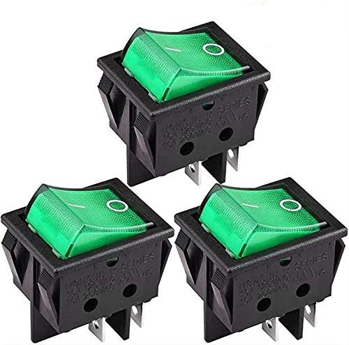 CLDIY DPST Lot de 3 interrupteurs à bascule 4 broches 2 positions marche/arrêt à LED vert AC16 A/125 V 16 A/250 V