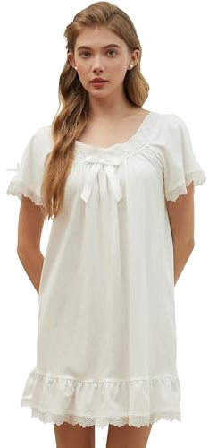 Nanxson Chemise de Nuit Femme en Coton Manches Courtes/Longues Vêtement de Nuit Vintage Victorienne Princesse Robe de Nuit (L,Manche Courte Blanc)