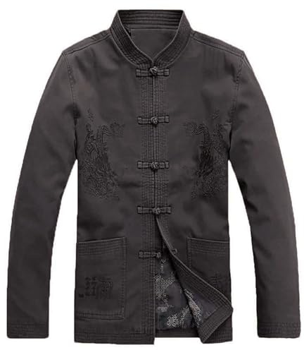 Rubruan Veste d'arts martiaux Kung Fu - Veste traditionnelle chinoise Tangzhuang pour homme Costumes Tai Chi Wing Chun Manches Longues Vêtements Uniforme Col montant Broderie Dragon, gris foncé, XL