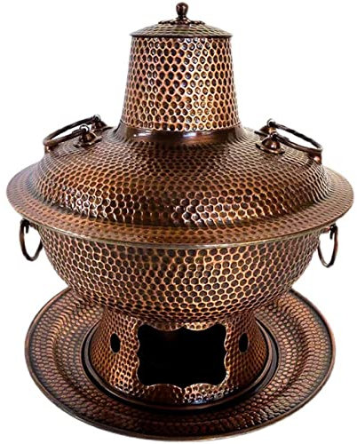 Fondue Chinese Copper Hot Pot, Hot Pot Vintage Charcoal Shabu Hotpot Cooker Hand-Hammer Chinese Traditional Stew Pot Soup Pot Cookware for Home Restaurant Party(34cm)