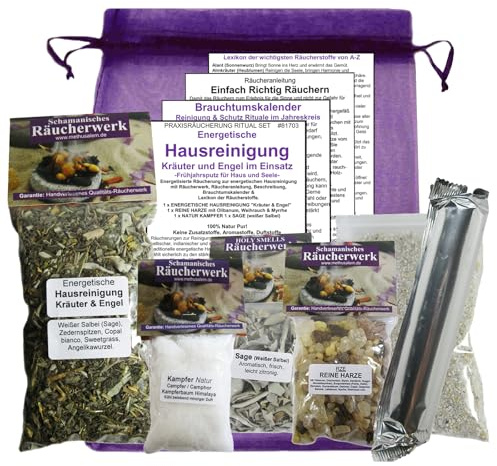Energetische HAUSREINIGUNG [Kräuter & Engel] 11-TLG RÄUCHER-Set zum RÄUCHERN von Räumen, Haus, Wohnung, Praxis. Mit Kampfer, weißer Salbei, Weihrauch, Beschreibung, Täschchen & ZUBEHÖR 81703-2