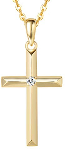 FANCIME Damen Kette mit Kreuz Christian Anhänger aus 14 Karat 585 Gold, Echt Diamant 0.025 ct Halskette Schmuck Geschenk für Damen Mädchen - Verstellbar Kettenlänge: 40 + 5 cm